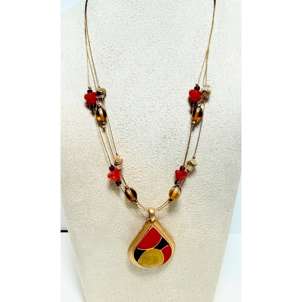 Laura Ashley 3‎ Multi Strand Goldtone Red Mustard Teardrop Pendant Necklace